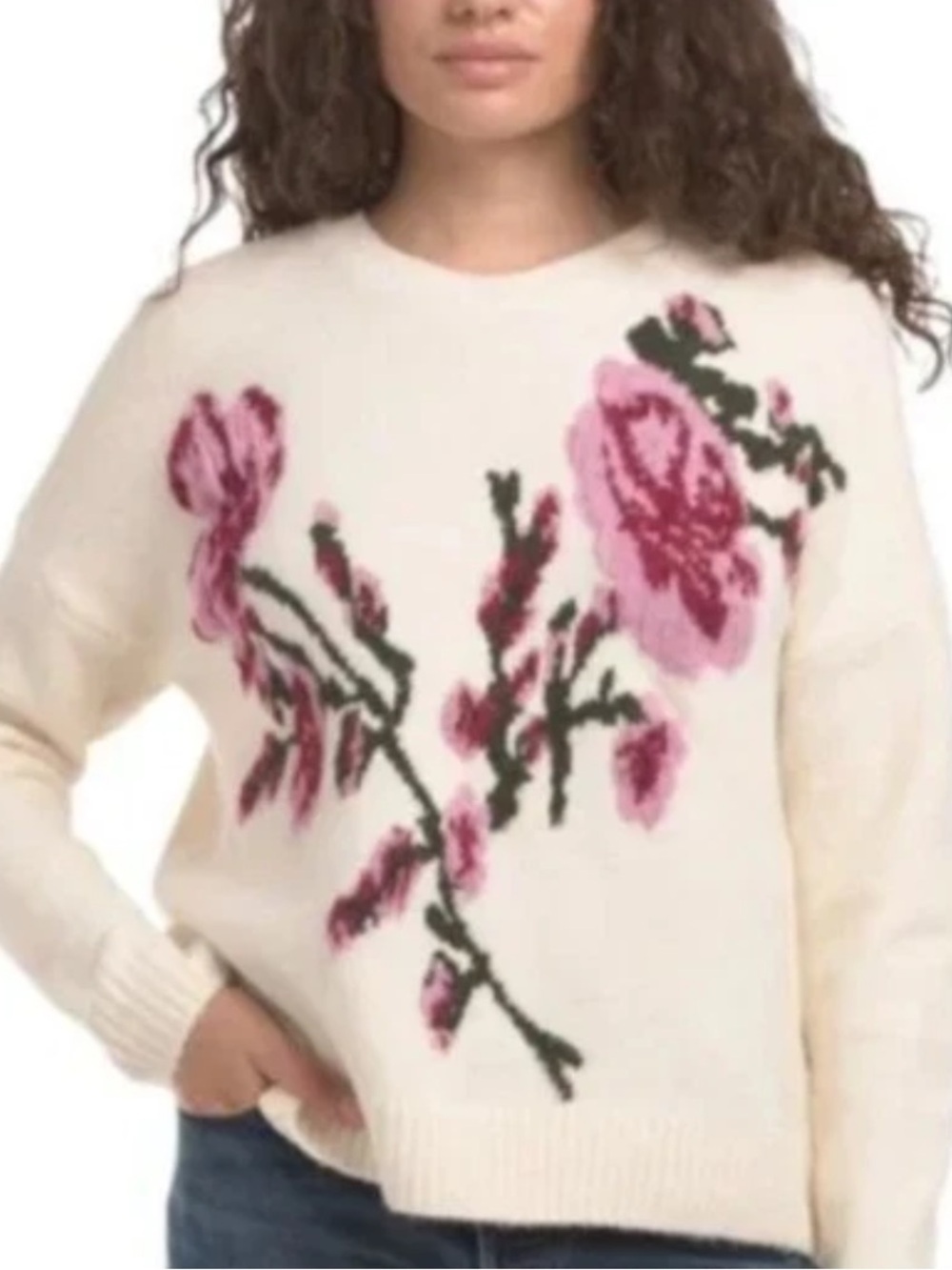 Ted Baker London Cream Crewneck Sweater with Pink Rose Intarsia
